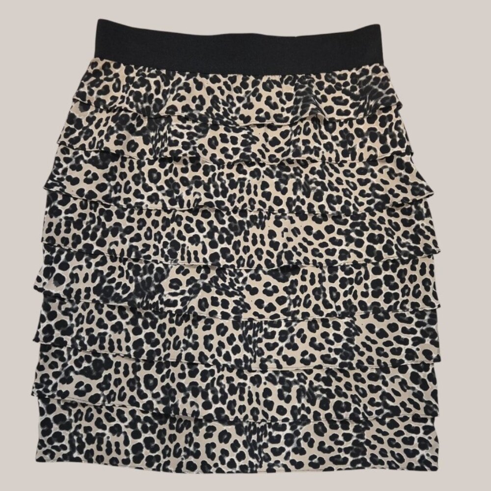 Alfani Leopard Print Tiered Ruffle Skirt Women’s Size 14 Stretch Lined Zip